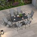 durable LEAF 9 Pieces Outdoor Patio Dining Set with 8 Folding Portable Chairs and 1 Rectangle Aluminum Table Foldable Adjustable High Back Reclining Chairs with Soft Cotton-Padded Seat