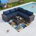 Outdoor Patio Furniture Set 6 Pieces Sectional Rattan Sofa Set Brown PE Rattan Wicker Patio Conversation Set with 5 Navy Blue Seat Cushions and 1 Tempered Glass Table