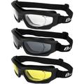 3 Pairs of Birdz Eyewear Flyer Sports Motorcycle Skydiving Safety Goggles Super Seal Clear Smoke & Yellow Lenses & Rx Adaptor ANSI z87.1