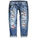 Womens Jeans Casual Baggy Trendy Baseball Print Distressed Mid-Rise Straight Jeans Stretch Baggy Loose Denim Pants