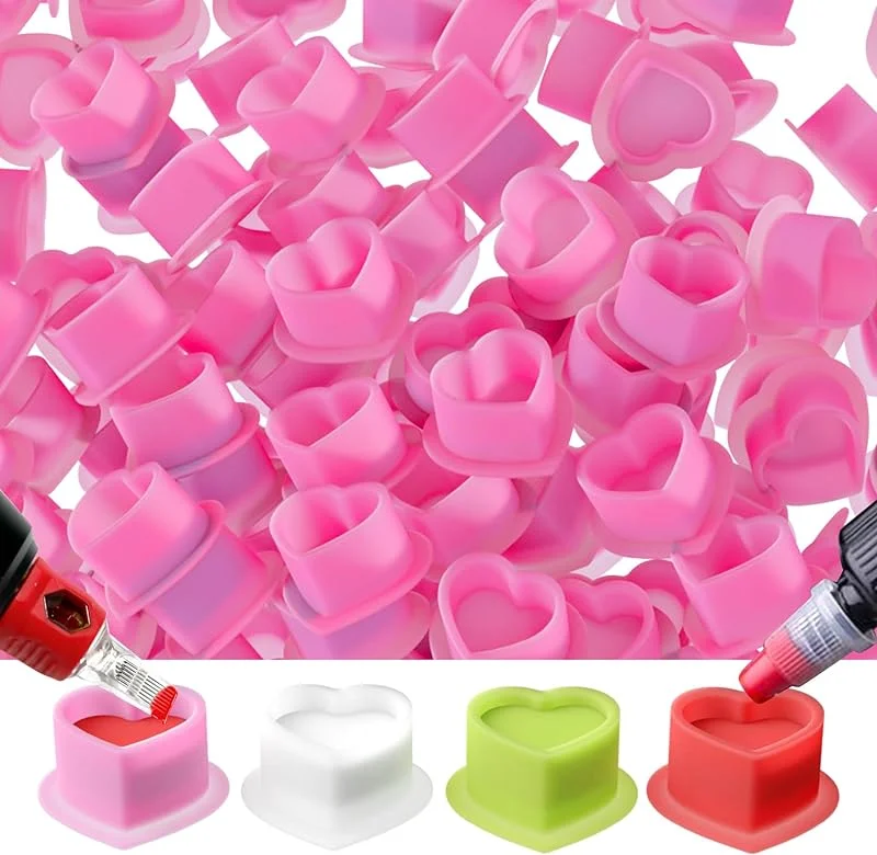 100 Stück Tattoo Tinte Tasse herzförmige Basis Silikon mikro beschichtet Permanent Make-up Tattoo Farbe Tasse Zubehör Image