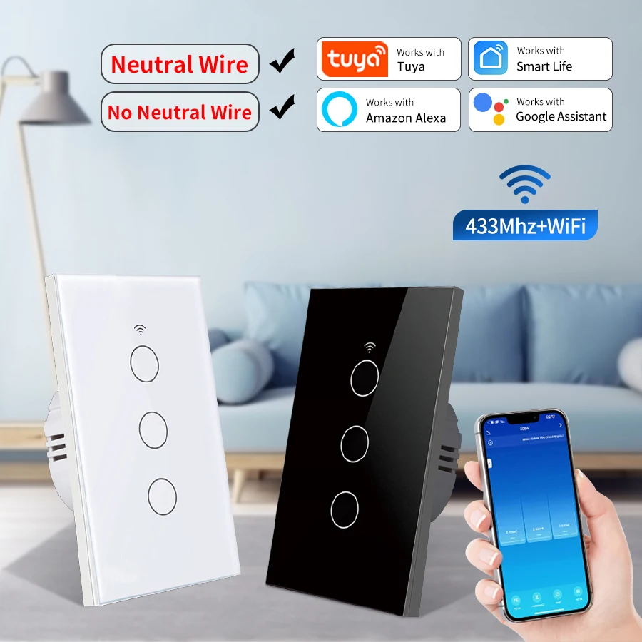 Tuya WiFi Smart Licht Schalter APP Fernbedienung UNS 1/2/3/4 Gang Kein Neutralleiter erforderlich Touch Panel Schalter Alexa Google Hause Image