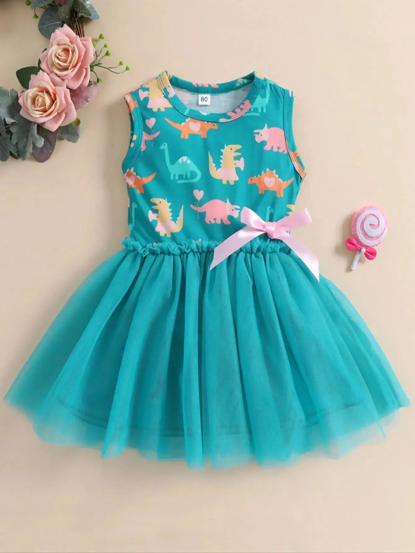 Sommer 1-5 Jahre Kleines Mädchen Prinzessin Kleid Kleidung Baby Mädchen Ärmelloses Dinosaurier Druck Mesh Kleid Für Kinder Mädchen party Image