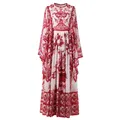 Robe longue en mousseline de soie pour femme robe imprimée en porcelaine rouge manches carrées