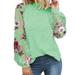 iOPQO t shirts for women Women Elegant Top Shirt Long Sleeve Round Neck Flower Printed Shirt Pullover Lace Casual Loose Lace T Shirt Women s T-Shirts Green XXL