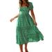 knqrhpse Summer Dress Midi Dresses For Women Women Square Neck Short Sleeve Casual Dress Floral Summer Beach High Waist Ruffle Aline Midi Dresses Womens Dresses Green Dress M