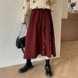 PIKADINGNIS Autumn Winter Midi Skirts Women Vintage Wine Red Ruffles Long Skirts Female Fashion Elastic High Waist A-line Skirt