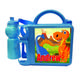 (Blue Lunch Box and Red Text) Personalised Dinosaur Plastic Lunch Box and Water Bottle Back to School Gift Set