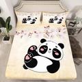 LANSHAN Peach Blossom Fitted Sheet Panda Bed Sheets Deep Pocket 12 inch (30 cm) Soft Cozy 3 Piece Microfibre Bed Sheet 200x200 cm with 2 Pillowcases 50x75 cm