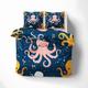 QEODAH Octopus Kids Duvet Cover Super King Size - Kraken Cartoon Bedding Set of 3 - Reversible Printed Quilt Cover and 2 Pillowcases - 110gsm Soft Brushed Microfiber Bed Set with Zipper Closure
