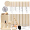 Beige Bathroom Accessories Set with Sequin Shower Curtain Beige Bathroom Decor with Trash Can,Toothbrush Holder, Toothbrush Cup,Soap Dispenser, Tray, Soap Dish,Toilet Brush