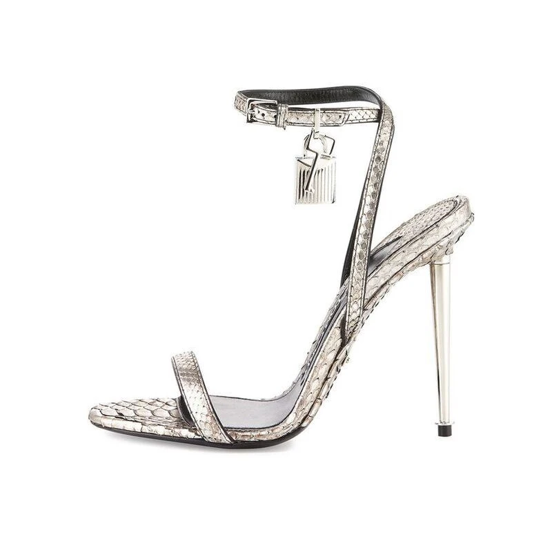2025 neue Sexy Gold Vorhängeschloss High Heels Ein Wort Schnalle Offene spitze Dünne Fersen Leder Schuhe Ankle Strap Gladiator Sandale 44