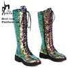 Pailletten Damen stiefel neue Punk Girls High Help Schuhe Glitzer Chunky Heeled Booties Spitze Reiß verschluss kniehohe Stiefel Größe 34-43