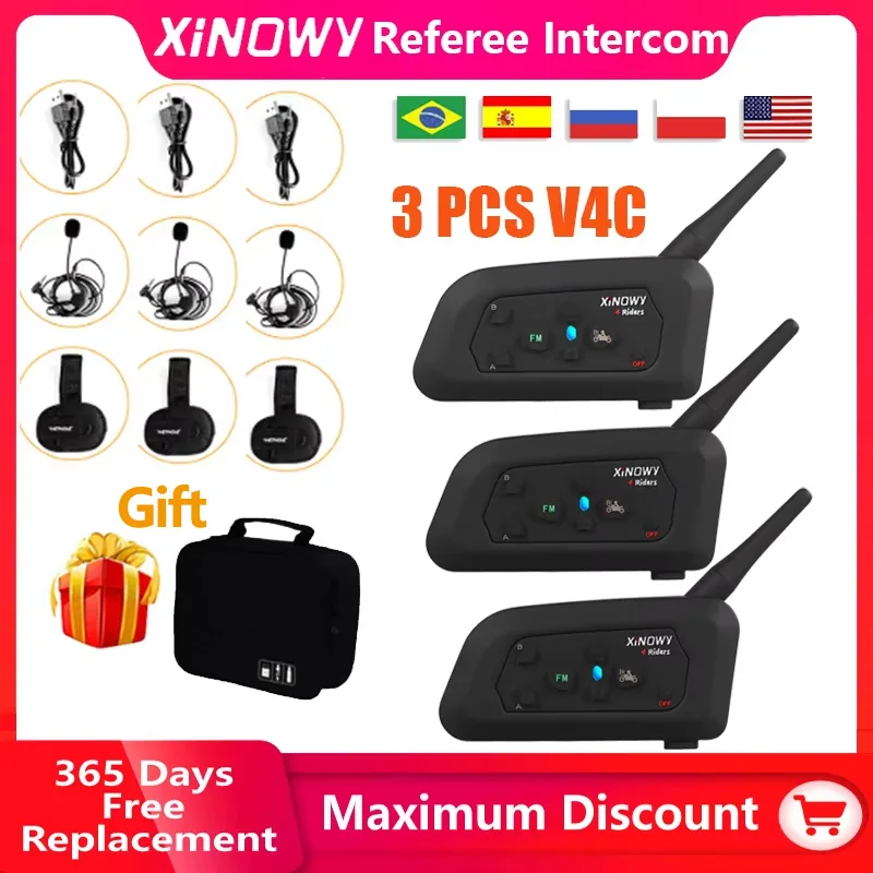 XiNOWy 3 Stück V4C 1200M Gegensprechanlage Vollduplex 3-Wege Fußballtrainer Judger Ohrbügel Kopfhörer Schiedsrichter Kommunikationssystem Gegensprechanlage Image