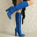 Bottes brillantes au genou pour femmes talons hauts chaussures de mariée brillantes paillettes