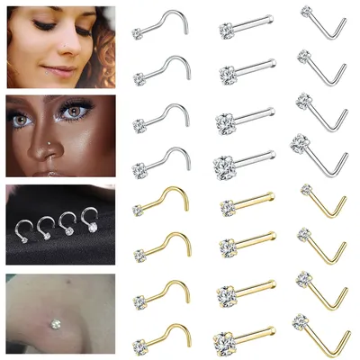 1PC 20G Colorful CZ Crystal Nose Stud Stainless Steel Nose Piercing Screw S-Shape Retainer Nostril