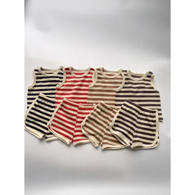 2025 Summer New Baby Sleeveless Clothes Set Infant Boy Girl Striped Vest + Shorts Waffle 2pcs Suit