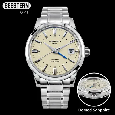 SEESTERN GMT Men of Watch Automatic NH34 Movement Domed Sapphire Crystal 100m Waterproof Mechanical Wristwatches Display Case