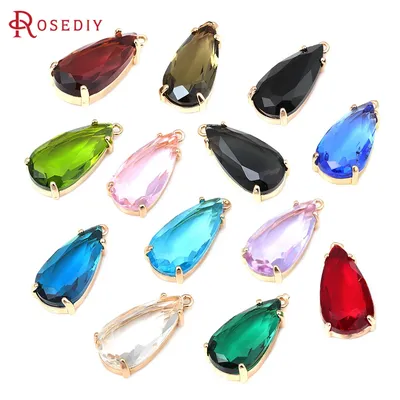 6PCS 18K Gold Color Brass and Glass Long Drop Shape Charms Pendants Diy Jewelry Making Necklace Earrings Accessories for Women