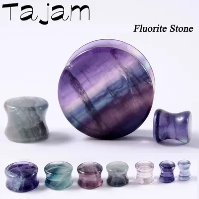 1Pair Natural Fluorite Stone Double Solid Flared Plug Ear Tunnel Gauge Aurora Stone Ear Expander