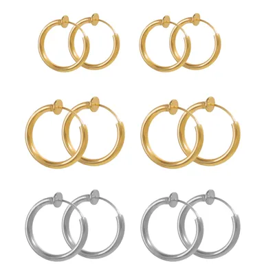 6pcs Retractable Clip On Hoop Earrings Stainless Steel Non Piercing Earrings Fake Septum Piercing