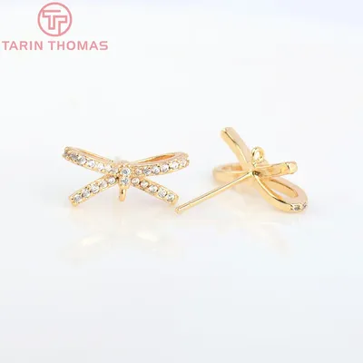 (4923)4PCS 15x7MM 24K Gold Color Plated Brass with Zircon Bow-Knot Stud Earrings Diy Jewelry