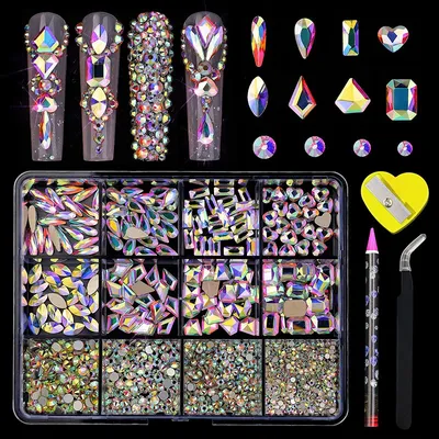 12 Grids Rhinestones For Nails Jewelry Set AB Flat Bottom Drill With Stainless Steel Tweezers Pen
