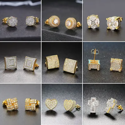 Bling Iced Out Hip Hop Ice Studded Ear Earring for Men 31 Style Zircon Gold Color Piercing