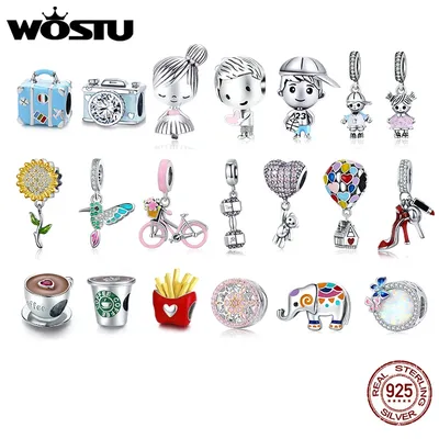 WOSTU 925 Sterling Silver Women Boy Girls Pet Camera Bee Charm Coffee Ladybug Beads Fit DIY Original Bracelet Pendants Jewelry