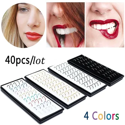 40PC/Set Stainless Steel Colorful Fashion Nose Hoop Ring for Women Body Jewelry Fake Septum Nose