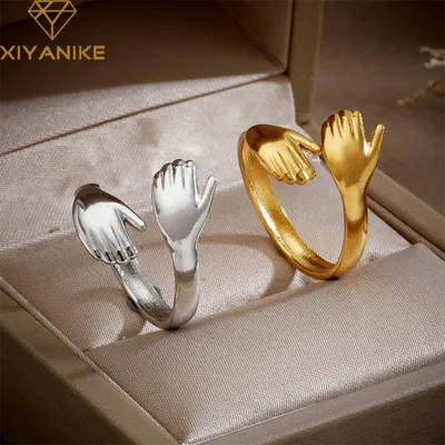 XIYANIKE 316L Stainless Steel Rings Hands Hug Opening for Woman Couple Simple Creative Trendy Design