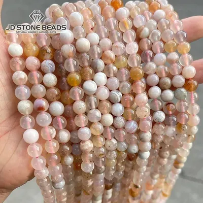 5A Natural Gem Stone Beads Pink Cherry Blossom Sakura Agate Round Loose Spacer Beads For Jewelry