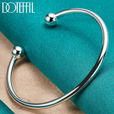 DOTEFFIL 925 Sterling Silver 4mm Smooth Solid Bead Bracelet Cufflinks Bangles For Women Man Wedding