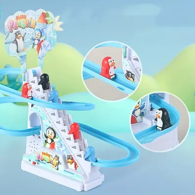 Penguin Race Set Penguin Slide Playset LED Flashing Lights Racing Track Game Set Penguin Stair