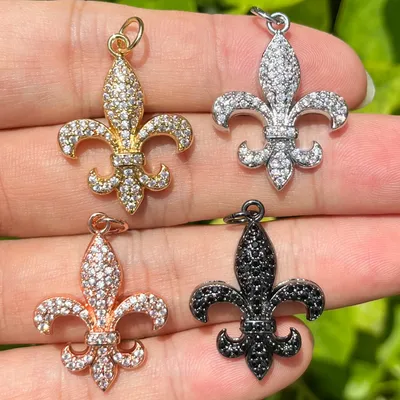 5Pcs Cubic Zirconia Pave Fleur-de-lis Flower Charms Bracelets Pendants Necklace Making Jewelry