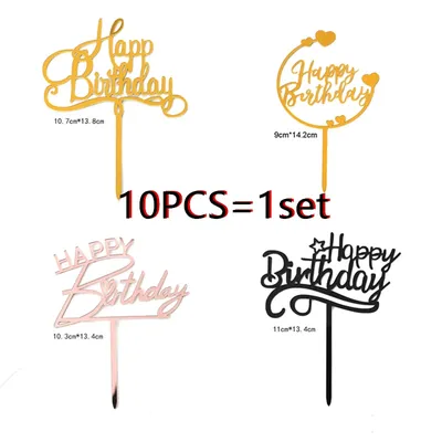 10pcs New Gold Happy Birthday Cake Topper Gold Black Acrylic Kids Birthday Party Cake Topper Dessert