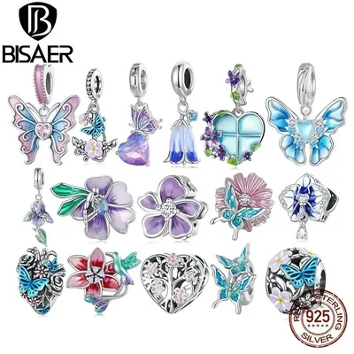 BISAER 925 Sterling Silver Butterfly&Flower Charm Bead Purple Animal Pendant Plated Platinum Fit