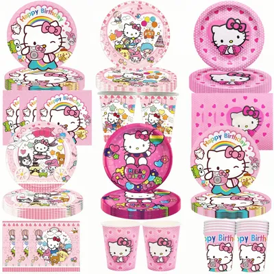 Hello Kitty Birthday Party Decoration Disposable Tableware Cup Plate Tablecloth Balloons Baby Shower