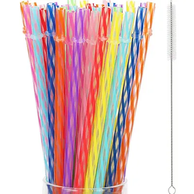 20pcs Mix Colours Spiral Stripes Hard PP Plastic Straw Reusable Drinking Straws with Cleaning Brush