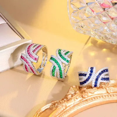 CWWZircons Adjustable Size Royal Blue Round Cubic Zirconia Geometry Big Luxury Cocktail Party Rings