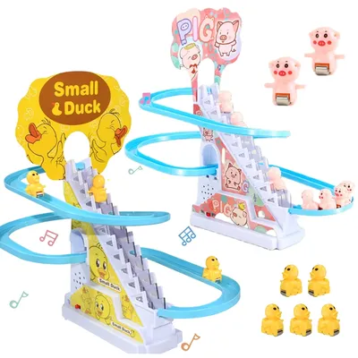 Kids Electric Small Duck Climbing Stairs Toy DIY Rail Racing Track Music Roller Coaster Duck Toy For