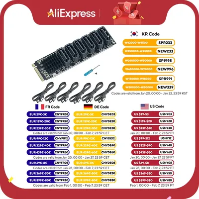 M.2 NVME PCI-E PCIE X4 X8 X16 To 6 Port 3.0 SATA Adapter Card Riser III 6GB/S Chassis server PC