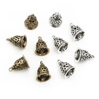 10pcs 15x12mm Antique Bronze Silver plated Brass Material Retro hollow Bell Charm Pendants necklace findings