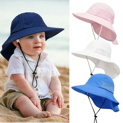 Spring Summer Baby Hat Beach Sun Protection Neck Kids Bucket Hats for Girls Boys Adjustable Children