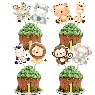 24pcs Carton Animal Cake Toppers Paper Cupcake Topper For Kids Jungle Safari Happy Birthday Party