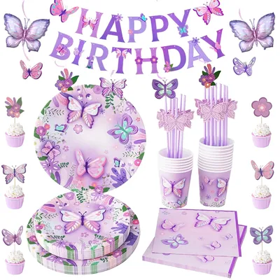 Pink Purple Butterfly Disposable Tableware Paper Plate Cup Napkin Banner Butterfly Birthday Party