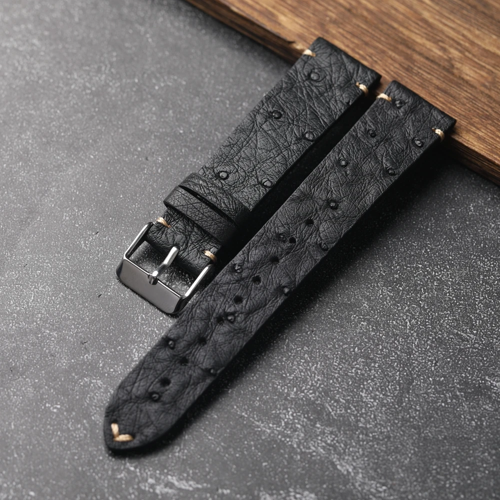 Handmade Ultra-Thin Ostrich Leather Watchband 18 19 20 21 22MM Black Men's Soft Strap Vintage Style Leather Bracelet