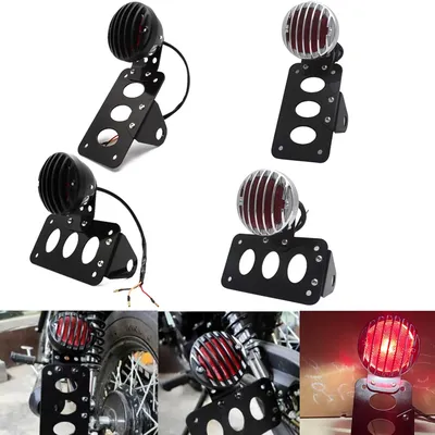 Universal 12V Motorcycle Side Mount Tail Light w/ License Number Plate Bracket For Harley Bobber