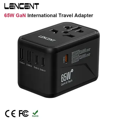 LENCENT 65W/100W GaN International Travel Adapter with 2USB 3 Type C GaN Fast Charging Adapter with