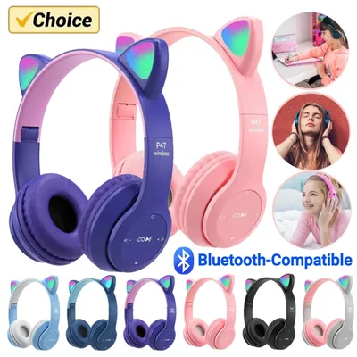 P47M Wireless Headphone Flash Light Cute Cat Ears Fone with Mic Control LED Stereo Music Helmet